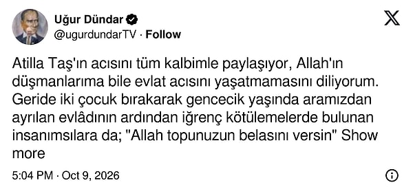 Uğur Dündar, Sezen Taş’ın vefatının ardından kötü yorumlarda bulunanlara sert tepki gösterdi.