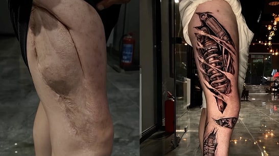 Artist Transforms Long Leg Scar into Stunning Mechanical Tattoo Design