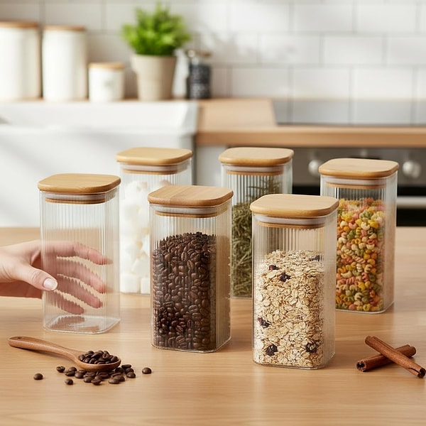 Mutfak raflarına estetik bir görünüm kazandırmak isteyenler için bambu kapaklı, minimalist ve şık bir kare kavanoz.
