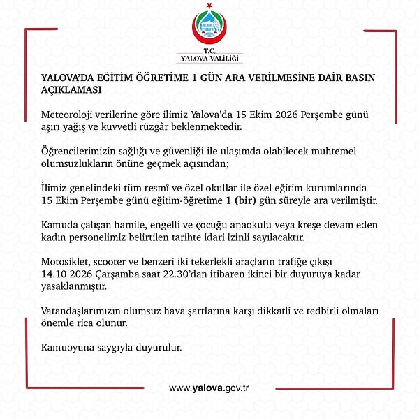 Yalova Valiliği'nden yapılan duyuruda şu ifadeler kullanıldı: