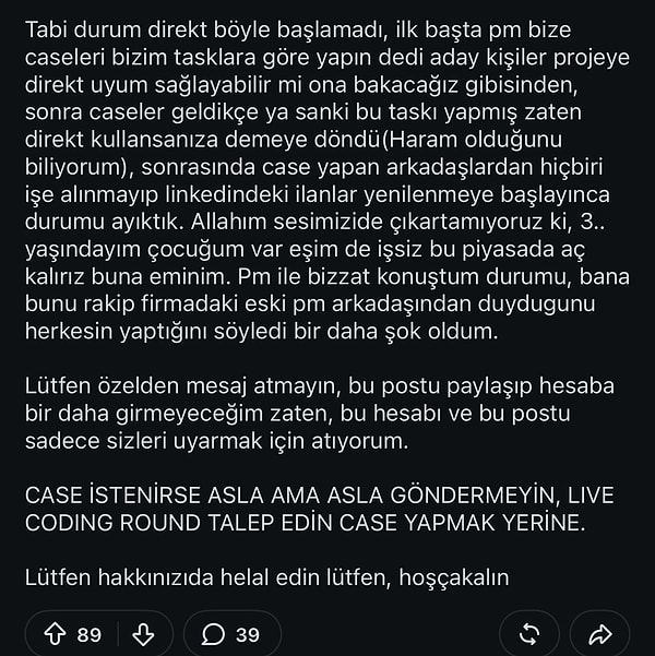 Yazar, adaylara örnek proje yerine canlı kodlama turu istemelerini söyledi