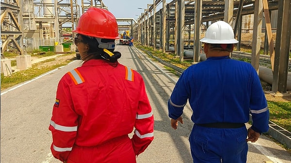 Araçların ve iş makinelerinin olduğu yerde turuncu kask var.