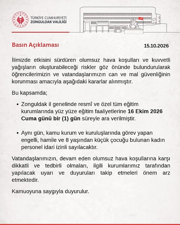 Zonguldak Valiliği can ve mal güvenliği gerekçesiyle yüz yüze eğitime cuma günü ara verdi.