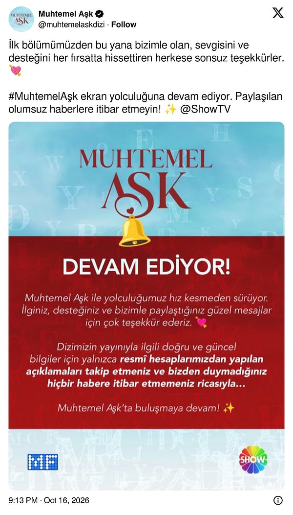 İşte Muhtemel Aşk'ın resmi hesabından yapılan o paylaşım: