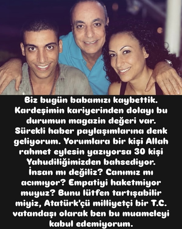 Can Bonomo'nun babasının vefatına ilişkin haberlerin altında yapılan Yahudilik yorumları, ünlü şarkıcının kız kardeşi Funda Bonomo'nun tepkisine neden oldu.