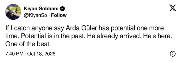 Bir daha birinin Arda Güler'in potansiyeli var dediğini duyarsam... Potansiyel geçmişte kaldı. O artık geldi. Burada. En iyilerden biri.