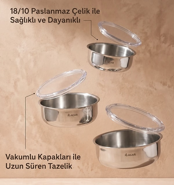 Acar Karat 3'lü paslanmaz çelik saklama kabı seti sepete özel 899,52 TL yerine net 649,90 TL!