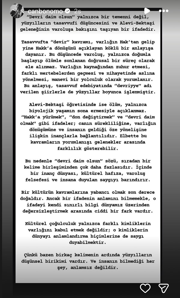 Can Bonomo, “Devri daim olsun” sözünün tasavvuftaki ve Alevi-Bektaşi geleneğindeki anlamını anlattı.