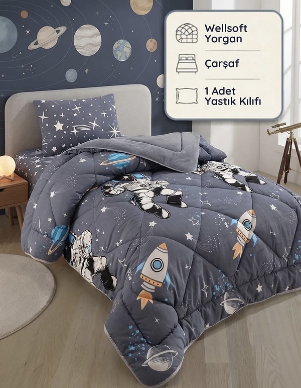 Formeya tek kişilik astronot desenli çift taraflı Wellsoft uyku seti sepete özel net 1.320,99 TL!