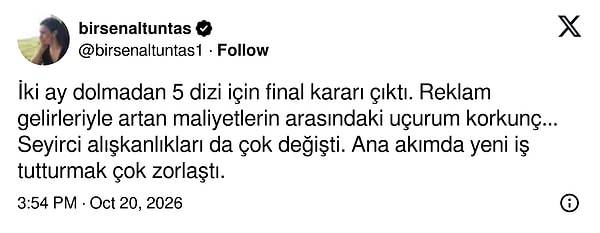 Birsen Altuntaş, erken finallerin nedenini reklam geliri ile maliyet arasındaki uçuruma bağladı.
