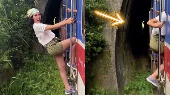 Daredevil Traveler Leans Out of Moving Train Door Right Into Tunnel