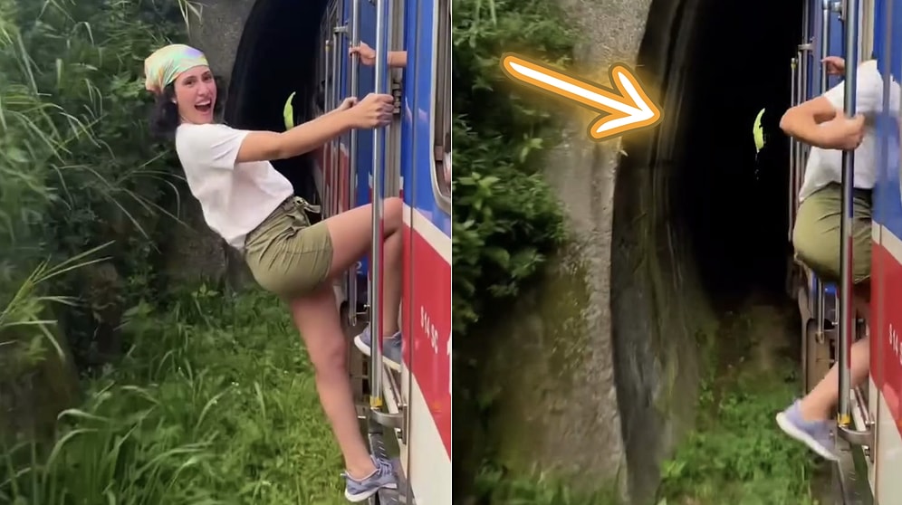 Daredevil Traveler Leans Out of Moving Train Door Right Into Tunnel