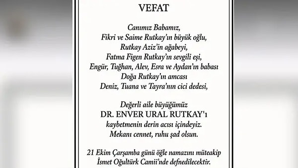Dr. Enver Ural Rutkay son yolculuğuna bugün uğurlanacak.