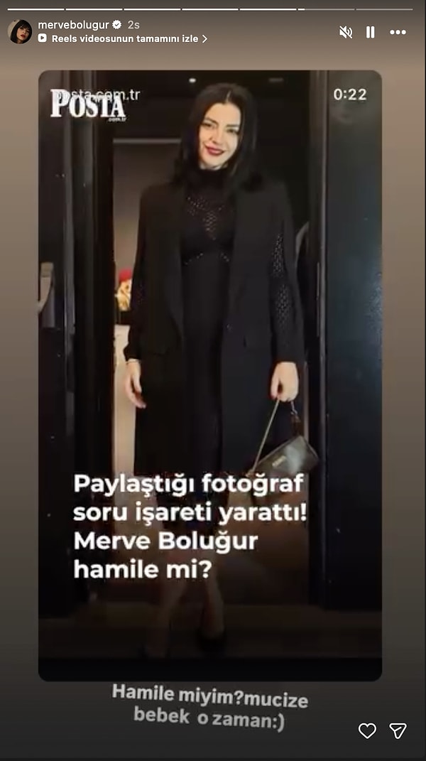 Merve Boluğur, hakkında çıkan hamilelik haberlerine sonunda sessiz kalmadı! Ünlü oyuncu, Posta'nın "Paylaştığı fotoğraf soru işareti yarattı! Merve Boluğur hamile mi?" ifadeleriyle hazırladığı videoyu Instagram hikayesinde paylaşarak iddialara cevap verdi.