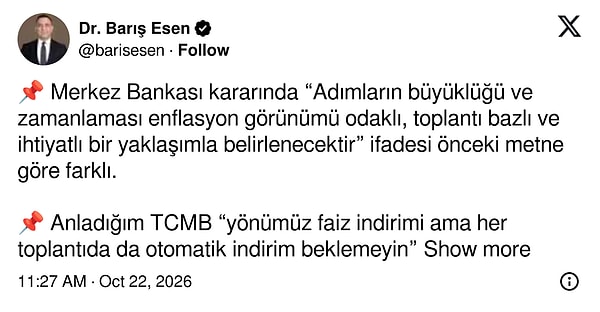 "TCMB 'yönümüz faiz indirimi ama her toplantıda da otomatik indirim beklemeyin' demek istedi.."