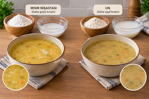 Mısır nişastası, una kıyasla çorbayı daha güçlü bir şekilde koyulaştırıyor.