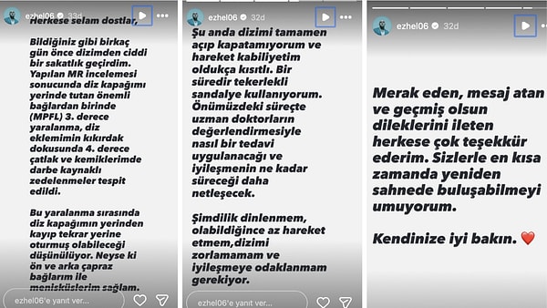 Bir süredir tekerlekli sandalye kullandığını söyleyen Ezhel, tedavi sürecinin henüz netleşmediğini belirtti.