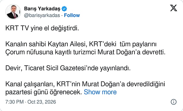 Barış Yarkadaş'ın paylaşımı şöyle: