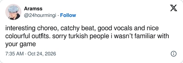 "İlginç koreografi, akılda kalıcı ritim, güzel vokal ve hoş, renkli kostümler. Üzgünüm Türk halkı, bu kadar iyi olduğunuz bilmiyordum"
