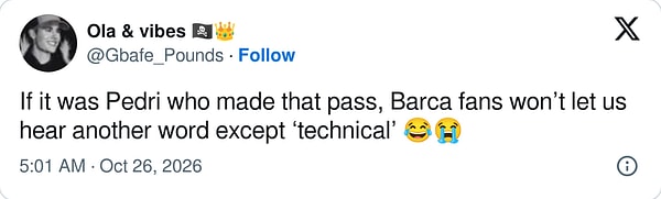 “Bu pası Pedri atsaydı Barça taraftarı bize ‘teknik’ kelimesinden başka bir şey söyletmezdi 😂😭”
