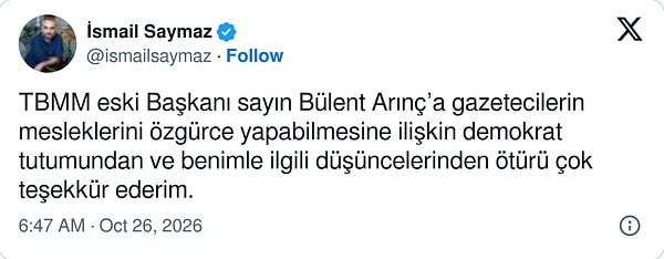 İsmail Saymaz'dan Bülent Arınç'a teşekkür.