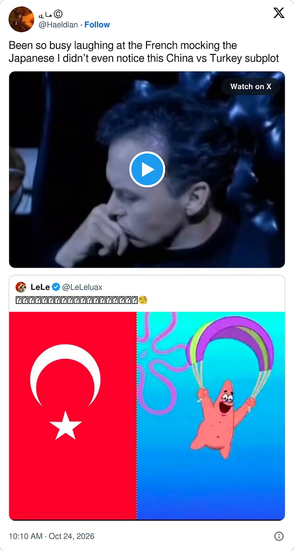 Kıvılcımı çakan Patrick paylaşımını alıntılayan bir kullanıcı, Fransa-Japonya kavgasını izlerken Çin-Türkiye cephesini kaçırdığını yazdı.