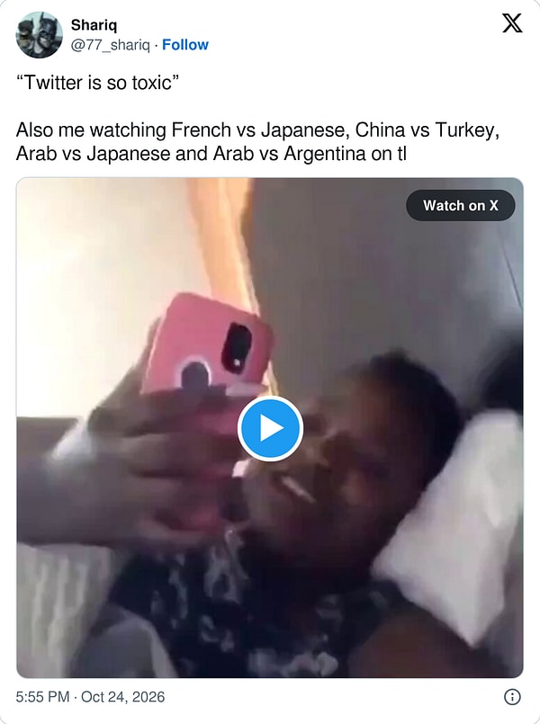 "'Twitter çok toksik' diyenler, bir de benim zaman akışımda Fransız-Japon, Çin-Türkiye, Arap-Japon ve Arap-Arjantin kavgalarını izlediğimi görsün."