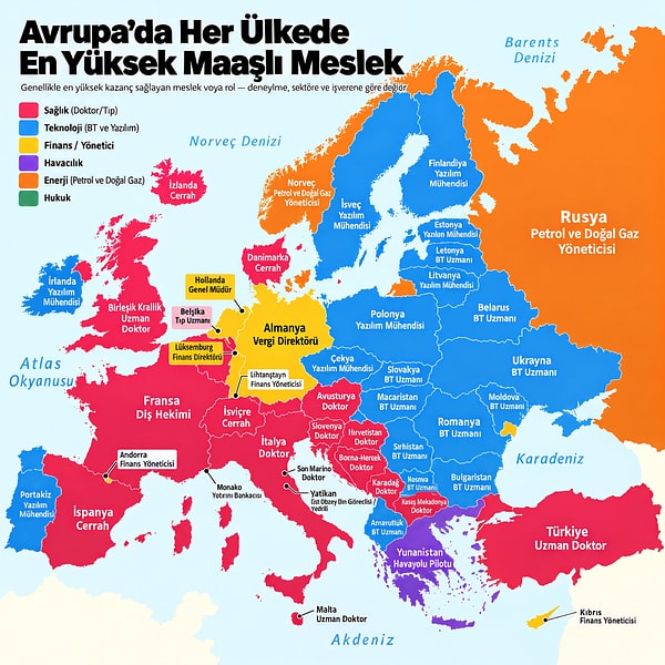 Listeye göre Avrupa'nın büyük bölümünde sağlık çalışanları ve teknoloji uzmanları öne çıkıyor.