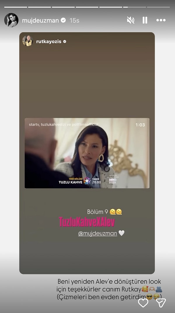 Müjde Uzman, Alev için giydiği kıyafetlerden birkaçının kendi dolabından geldiğini açıkladı: "Çizmeleri ben evden getirdim."