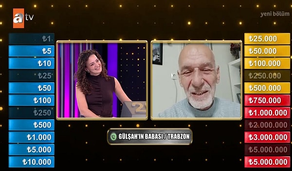 İlk turda 2 milyon TL’yi kaybeden Gülşah, babasının ve kızının tavsiyeleriyle oyunu sürdürdü.