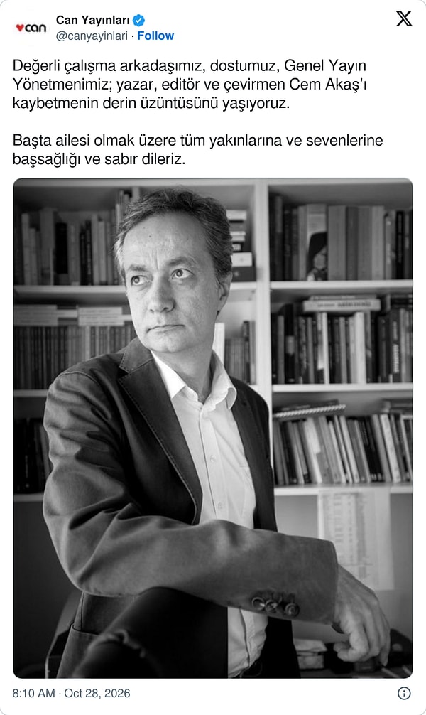Can Yayınları, Cem Akaş'ın vefatını duyurdu.