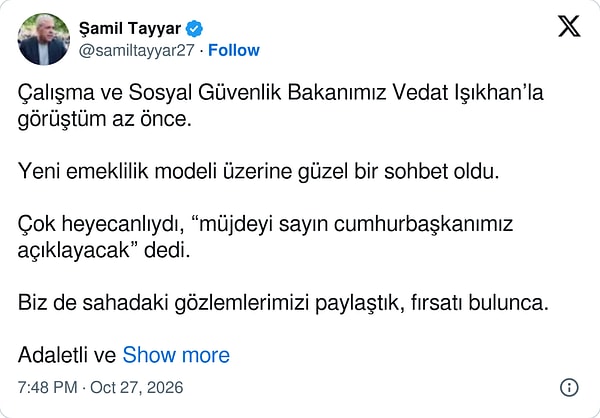 Yeni emeklilik modeli geliyor: "Müjdeyi sayın Cumhurbaşkanımız açıklayacak."
