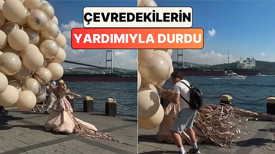 Dev Balonlarla Boğaz Manzarasına Karşı Fotoğraf Çekimi Gerçekleştiren Model Zor Anlar Yaşadı