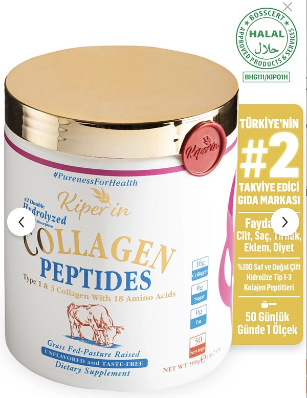 Kiperin %100 saf çift hidrolize kolajen peptit sepette net 1.479 TL!