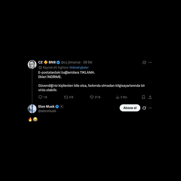 Musk, CZ'nin uyarısının altına alevli ve gülen yüz emojisi bıraktı