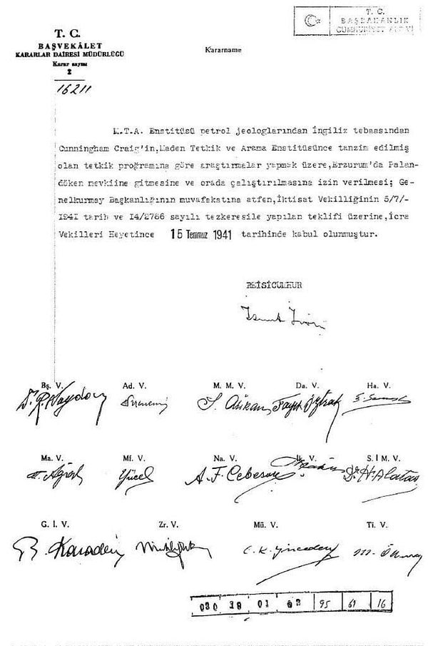 Bakanlar Kurulu kararı, MTA'da görevli İngiliz petrol jeoloğunun Palandöken'de araştırma yapmasına izin veriyordu.