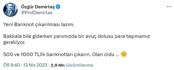 Prof. Dr. Özgür Demirtaş da banknotların yetmediğine dair paylaşım yapınca, uzun süredir sessiz olan ünlü finansçı dikkat çekti.