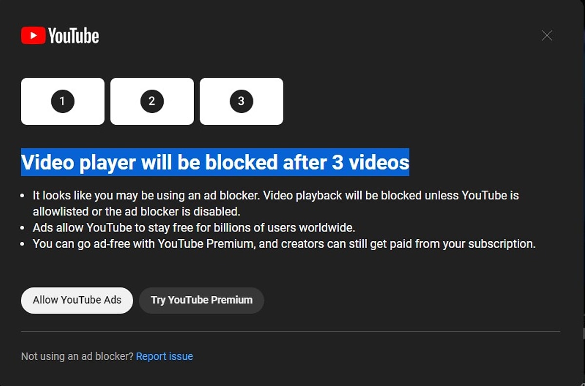 Söz konusu özelliklerden ilk ortaya çıkanı ise Adblock kullanıcılarının video izlerken karşısına çıkacak bir açılır mesaj penceresi.