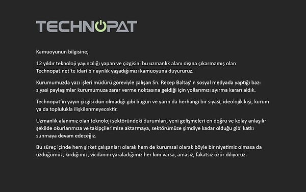 Yapılan açıklamada söz konusu kararın Baltaş'ın bazı siyasi içerikli sosyal medya paylaşımları nedeniyle alındığı belirtildi.