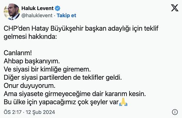 Haluk Levent'in 12 Şubat'ta sosyal medya hesabından paylaştığı yanıtı 👇