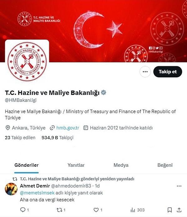 Ancak bu paylaşımın altına gelen Ahmet Demir adlı bir kullanıcının "Aha ona da vergi kesecek" şeklindeki kinayeli paylaşımı retweet edilince ortaya biraz ilginç biraz da komik bir görüntü çıktı.