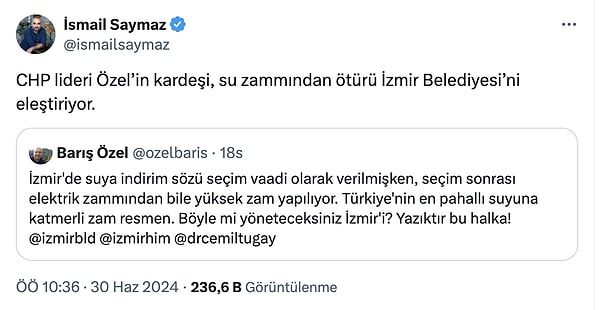 Gazeteci İsmail Saymaz ise, Barış Özel'in su zammını eleştirdiği paylaşımını alıntılayarak, "CHP lideri Özel’in kardeşi, su zammından ötürü İzmir Belediyesi’ni eleştiriyor." şeklinde okuyucuları ile paylaşmıştı.