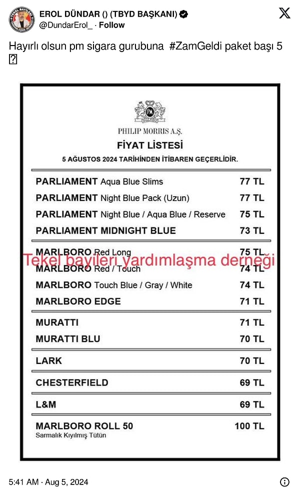 Tekel Bayileri Yardımlaşma Derneği (TBYD) Başkanı Erol Dündar zammın bugünden itibaren geçerli olacağını duyurdu 👇