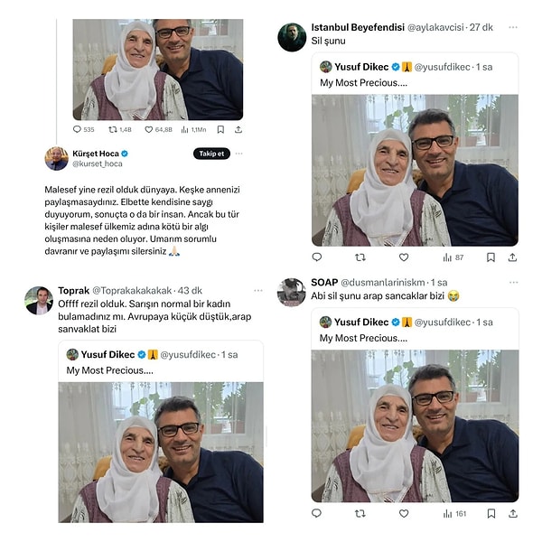 Bazı hesaplar, Yusuf Dikeç'in annesiyle birlikte çektirdiği fotoğrafın altına, "Maalesef rezil olduk dünyaya. Keşke annenizi paylaşmasaydınız", "Avrupa'ya küçük düştük", "Bizi Arap sanacaklar" gibi çirkin ifadeler kullandı.