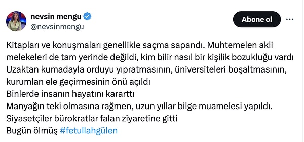 Nevşin Mengü'nün Fethullah Gülen paylaşımı 👇
