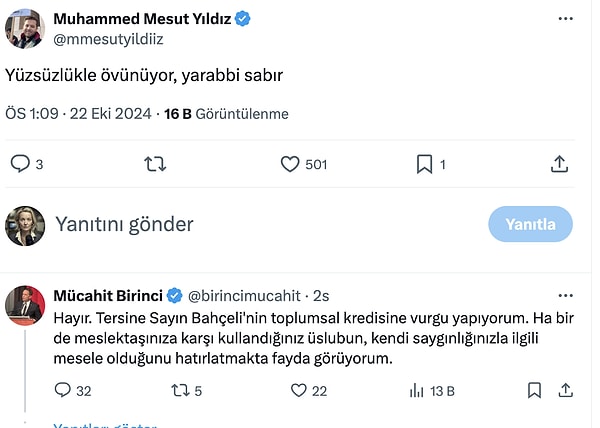 Birinci ayrıca kendisine gelen eleştirel bir yorum sonrası bu durumun Bahçeli'nin toplumsal kredisi ile alakası olduğunu da ekledi 👇