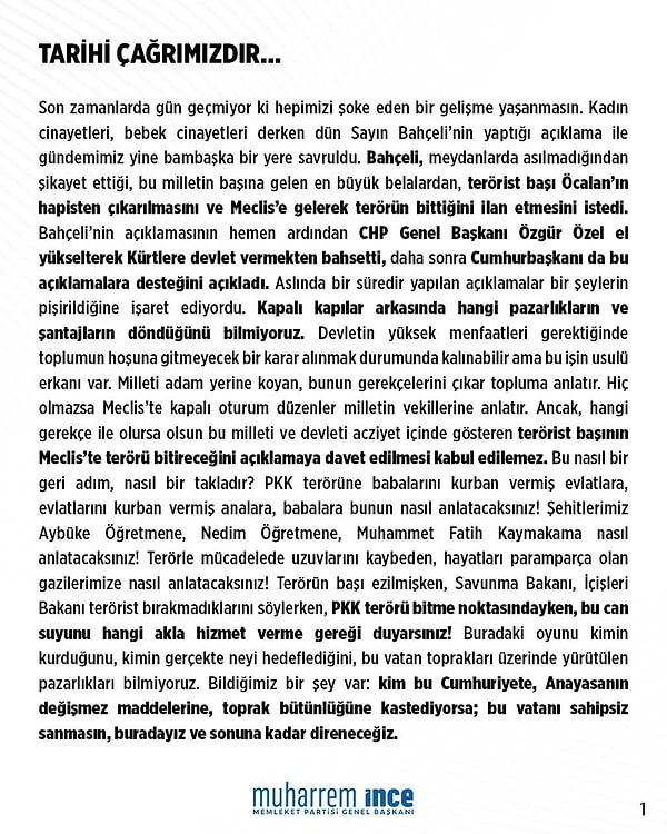 Muharrem İnce'nin sosyal medya hesabından paylaştığı metin 👇